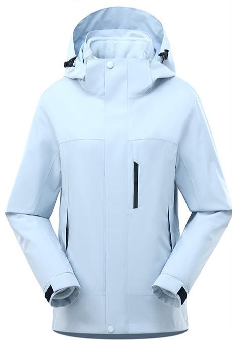 Women's 3-in-1 hooded outdoor jacket with a zip chest pocket and zip-out inner jacket - light blue