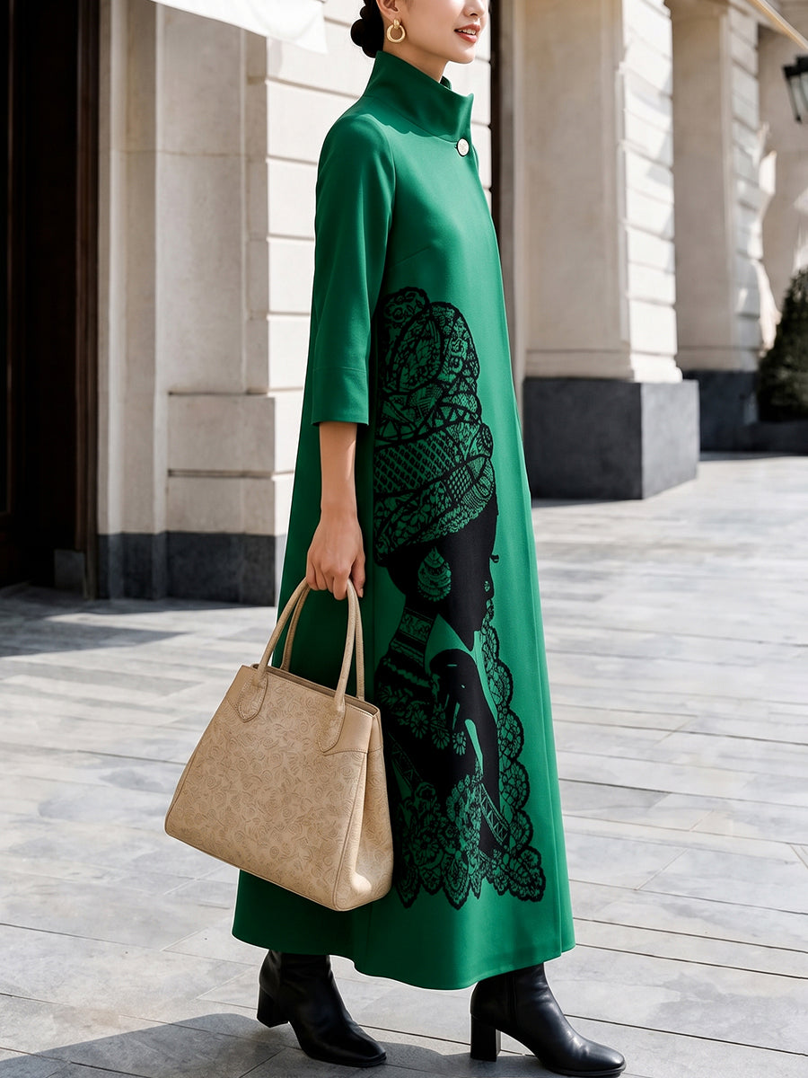 Swing coat with a large lace-style print, high neck and wide skirt