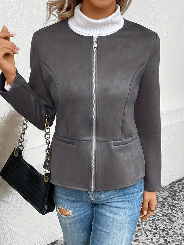 Collarless suede-look jacket with a zip front and welt pockets