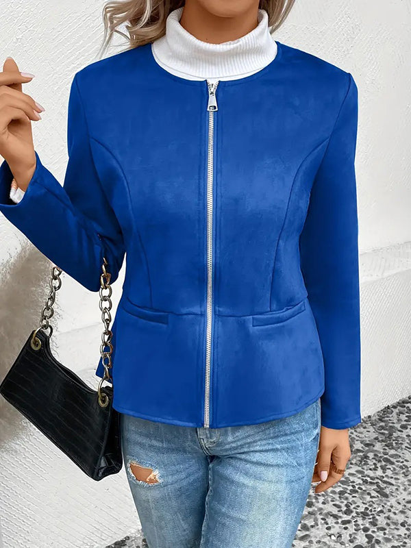 Collarless suede-look jacket with a zip front and welt pockets