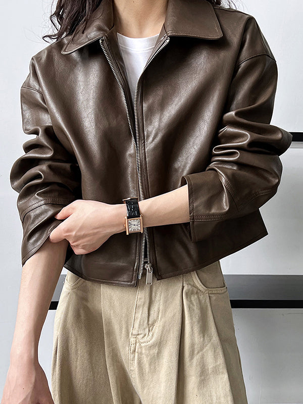 Boxy faux leather jacket with a wide shirt collar and zip front