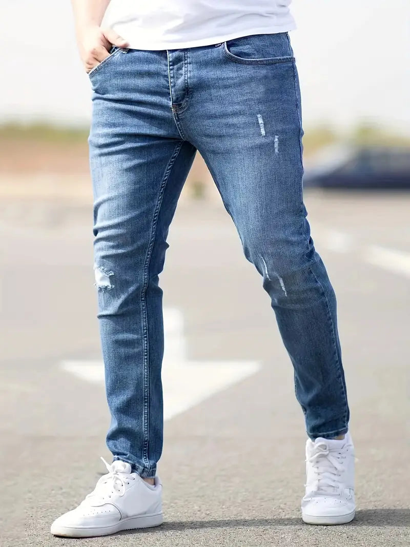 Men's Slim Fit Distressed Jeans - product view | SAINT DOR