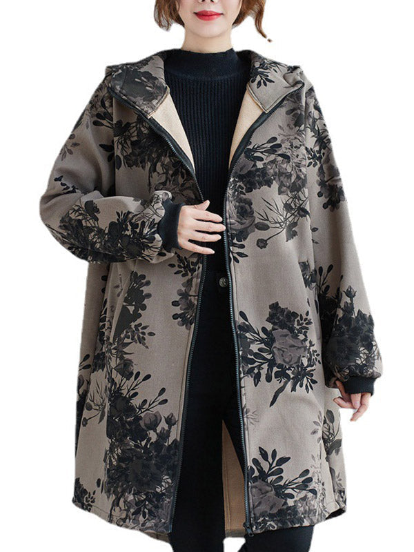 Grey hooded jacket printed with dark flowers and a full-length zip
