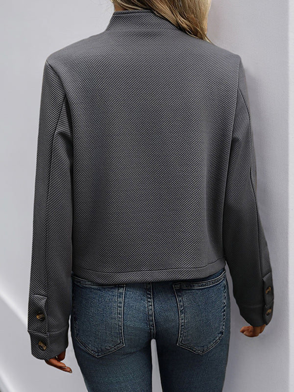 Short grey jacket in a textured weave with a stand collar and four buttons