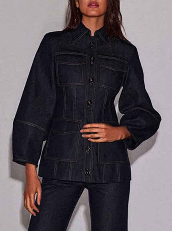 Indigo denim jacket with puff sleeves and four patch pockets in indigo