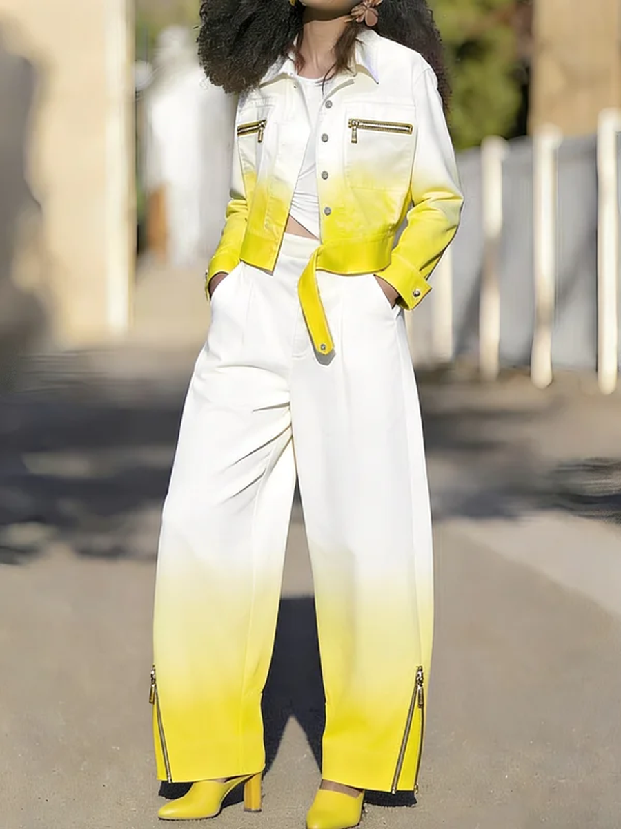 Cropped jacket fading from white at the shoulder to yellow at the hem