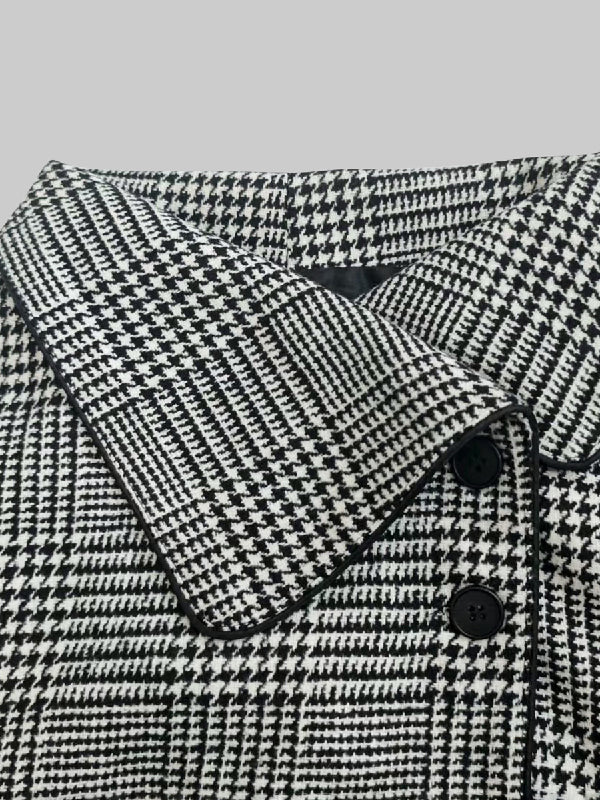 Houndstooth check jacket with an asymmetric front and fold-over collar
