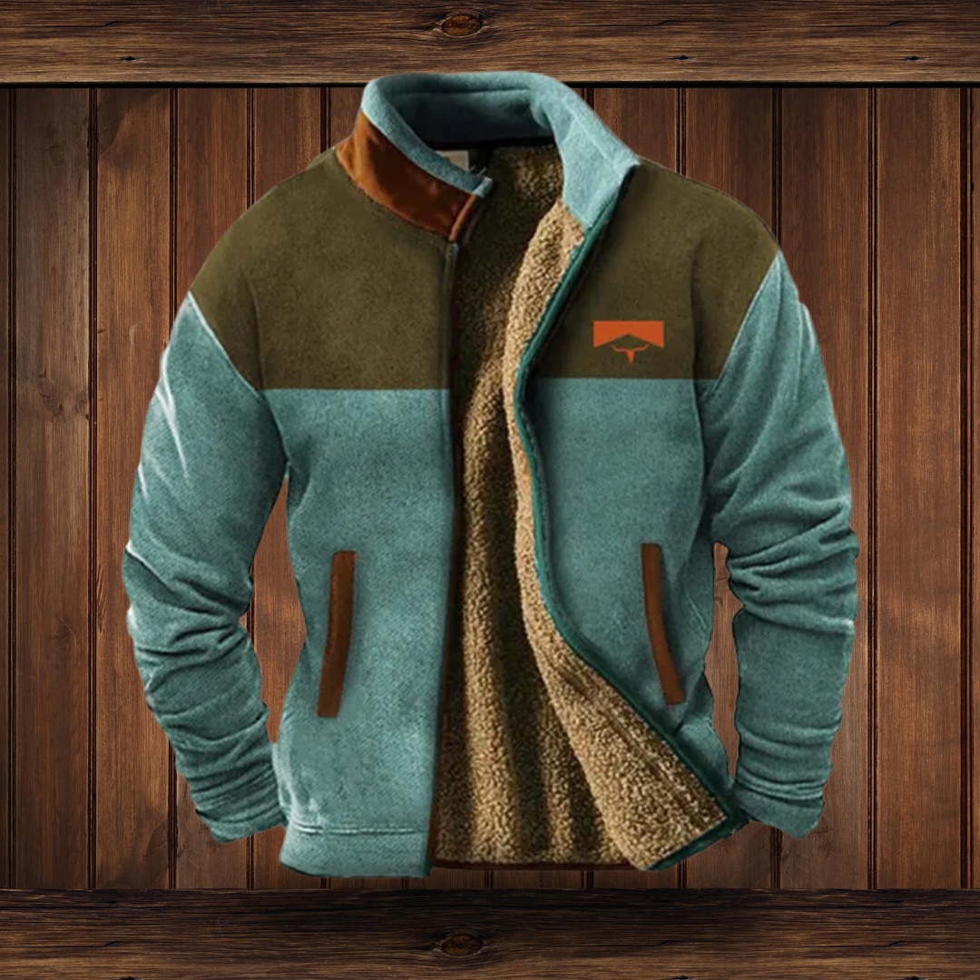 Men's fleece jacket with sherpa lining in Olive and Light Blue