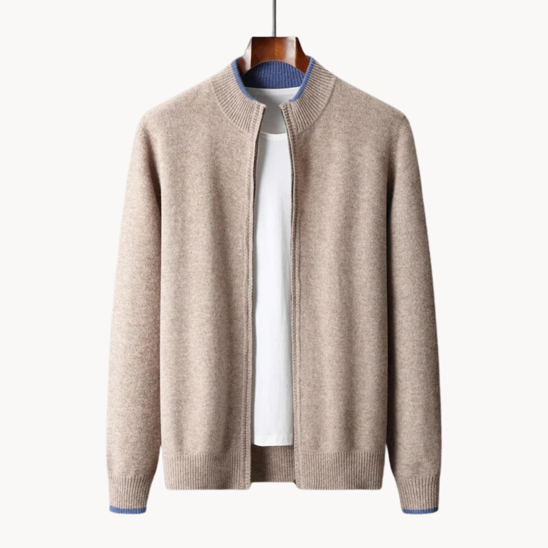 Men's zip-up merino cardigan with stand collar, front view