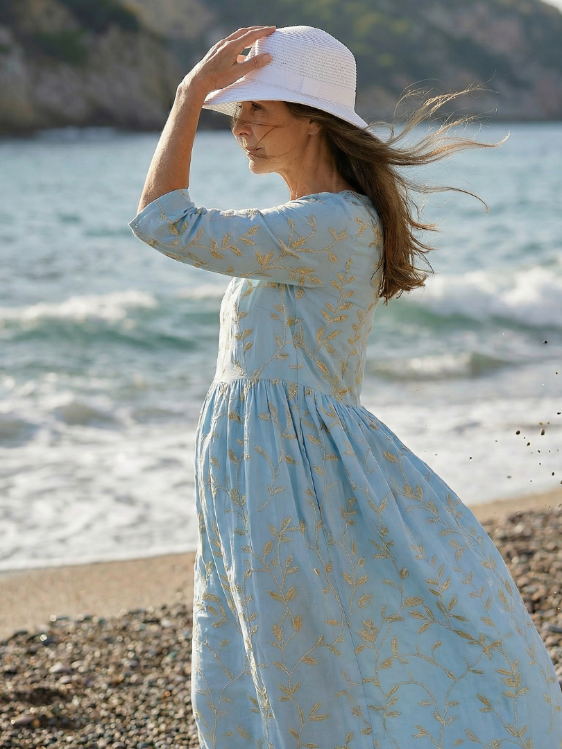 Women's Botanical Midi Dress Seaside Garden Print – Saint Dor UK – side view