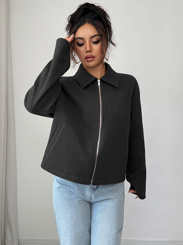 Short boxy jacket in a brushed cloth with a shirt collar and zip