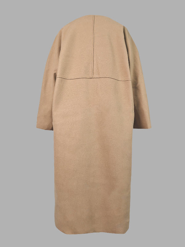 Collarless longline coat with dropped sleeves and an open front