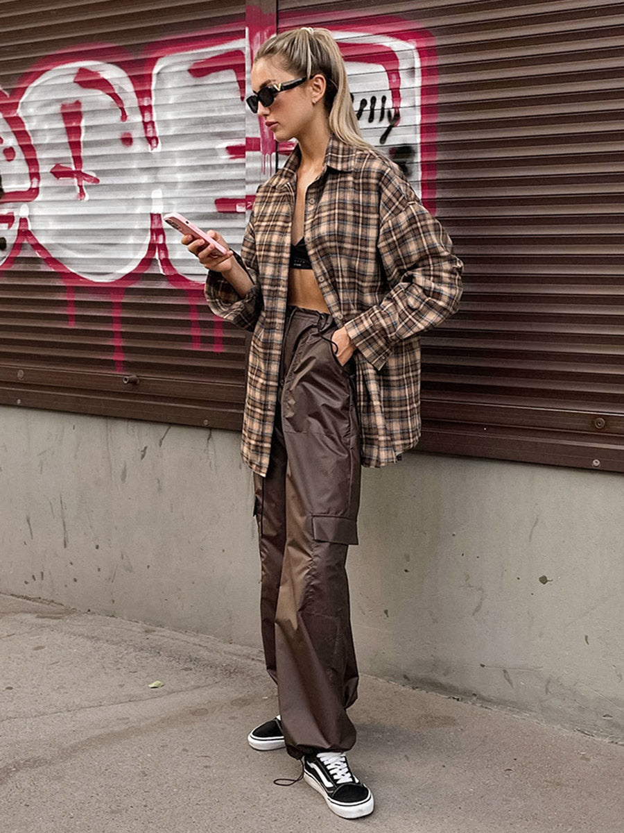 Oversized brown check shacket with a contrast collar and chest pockets