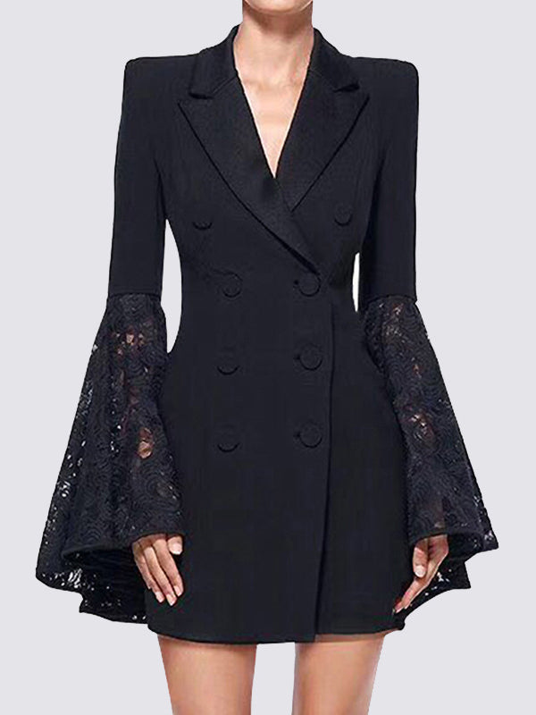 Black longline blazer with wide lace sleeves flaring from the elbow in black