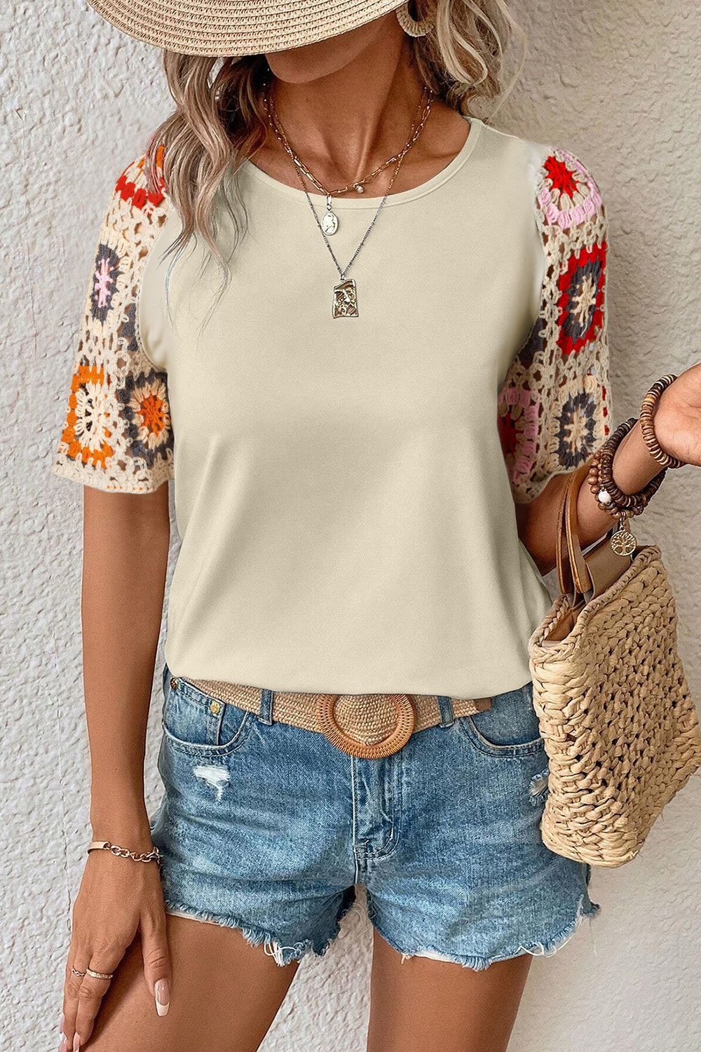 Women's crochet sleeve top in Ivory