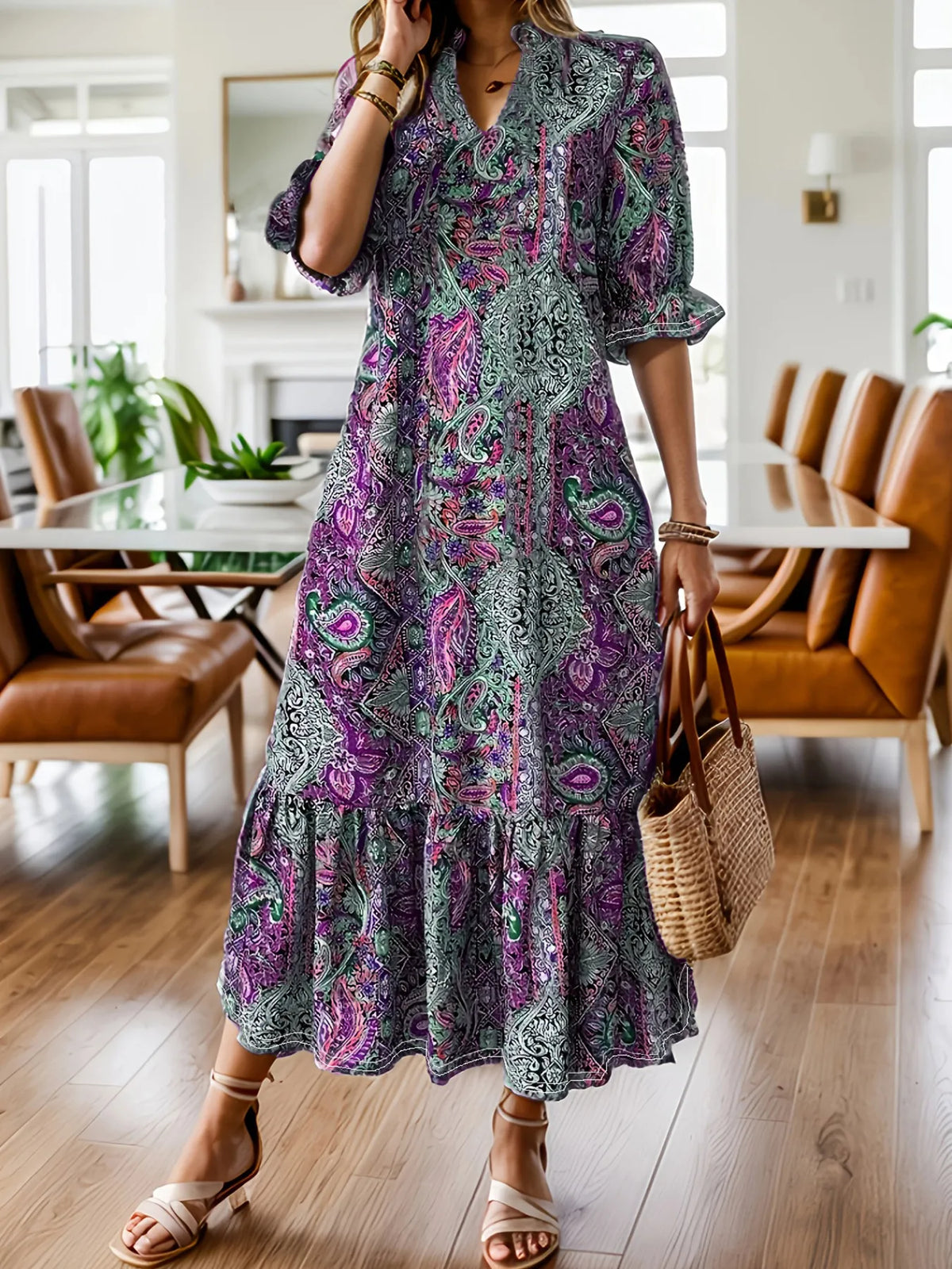 Women's paisley print midi dress in Purple