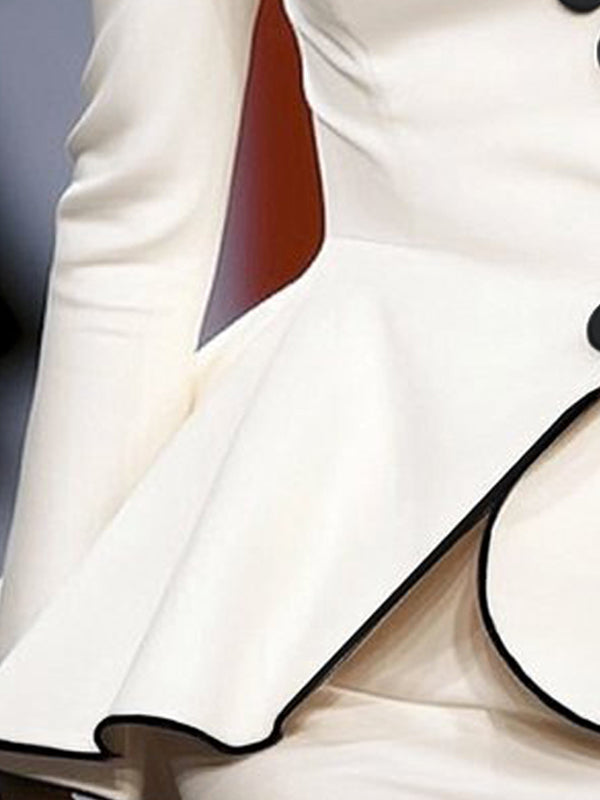 Side view of the short peplum and fitted waist on a white jacket