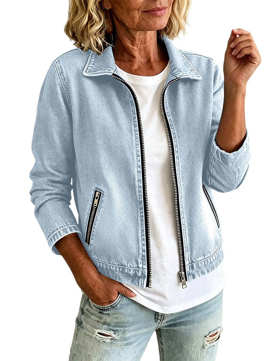 Denim jacket with a zip front and slanted zip pockets in light wash