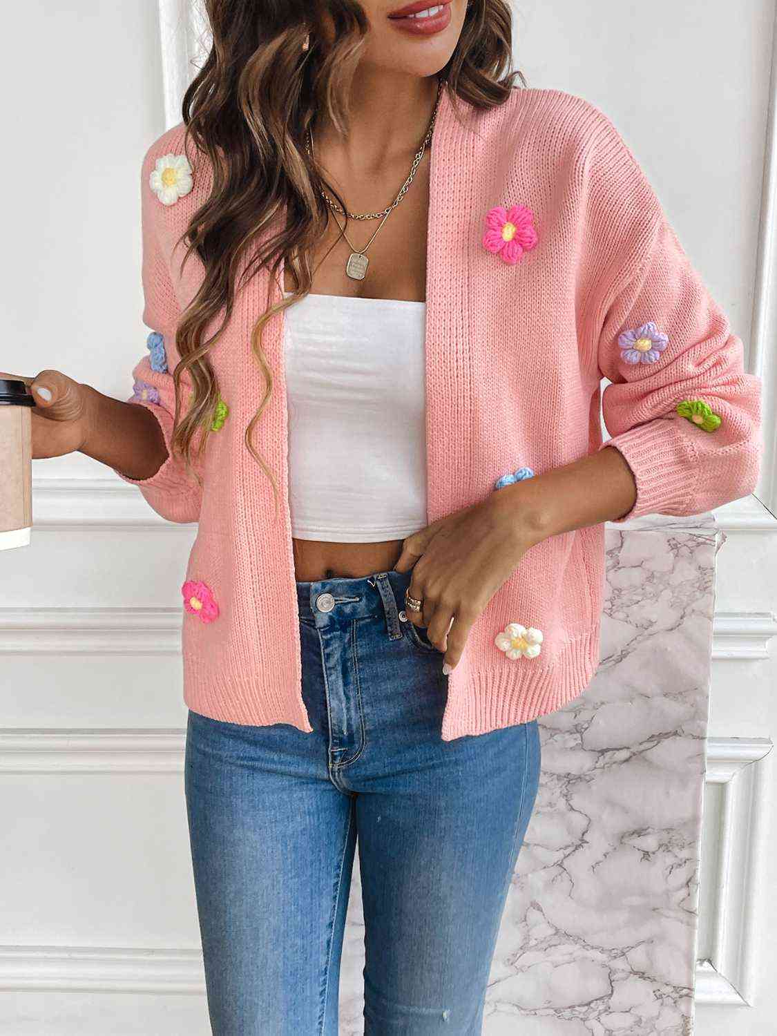 Women's crochet flower cardigan in Carnation Pink