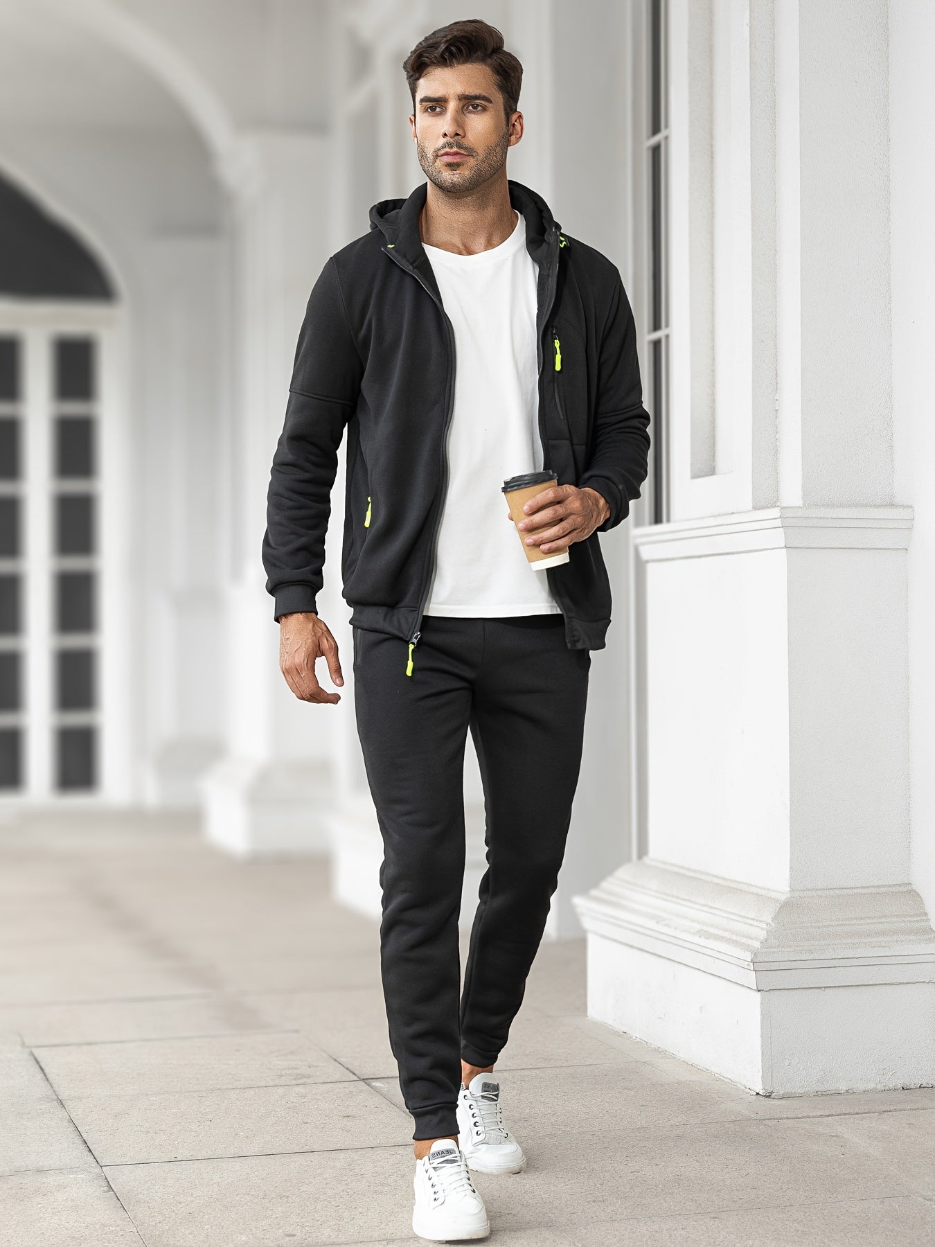 Men's Warm Winter Tracksuit - Fleece-Lined Hooded Co-Ord Set — front view