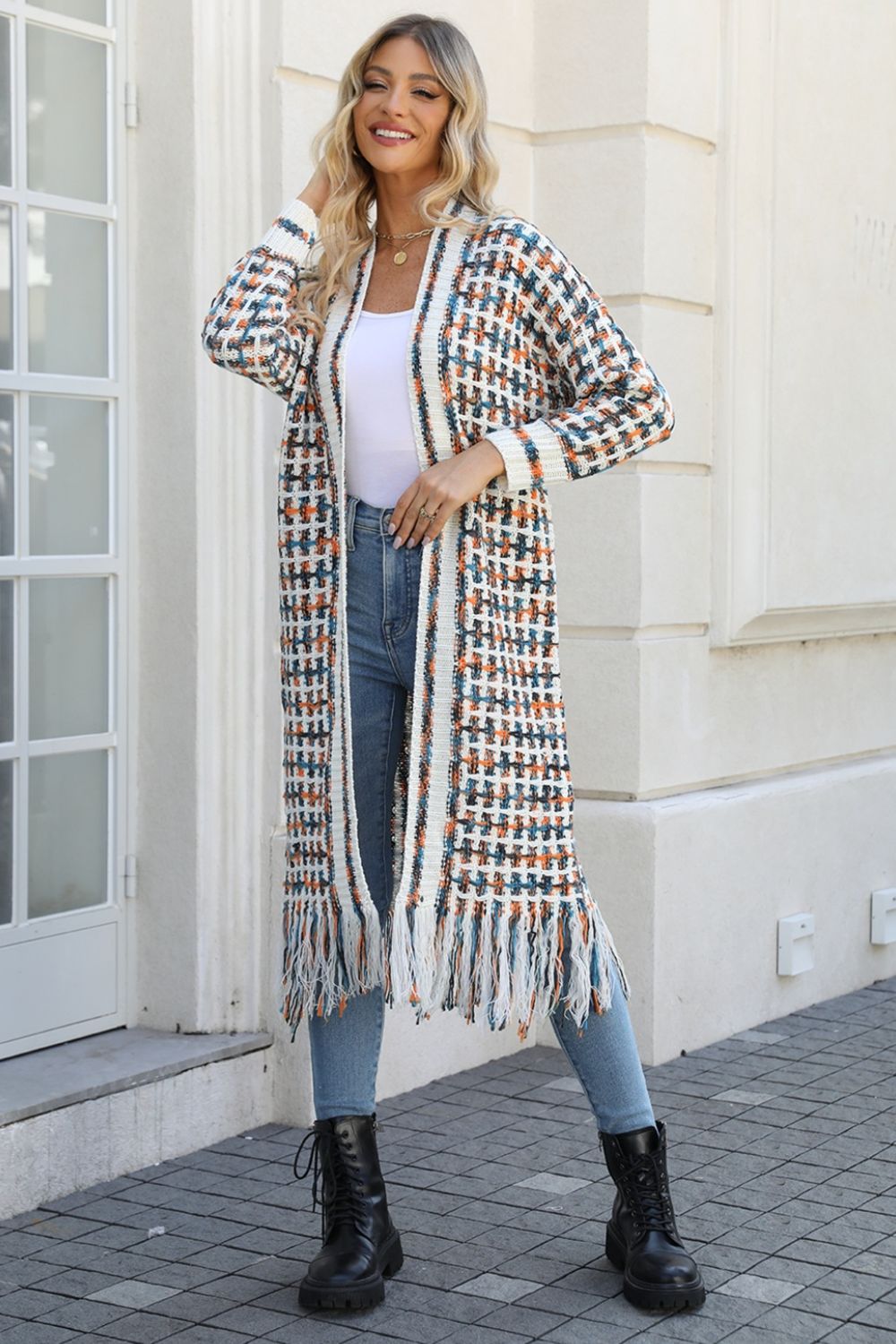 Women's longline fringe cardigan in Pastel