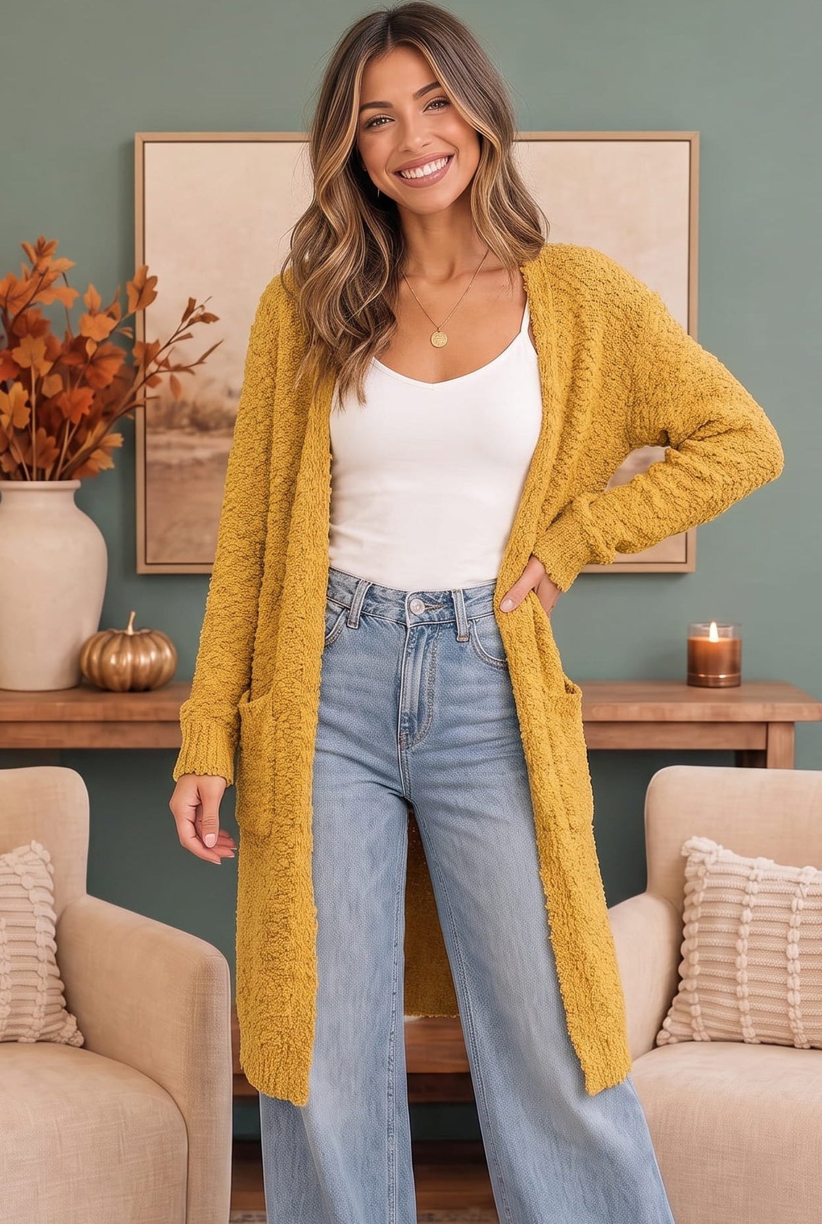 Women's mustard boucle longline cardigan - detail