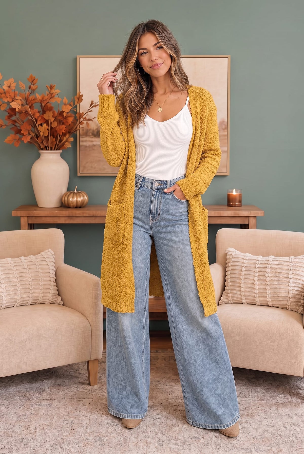 Women's mustard boucle longline cardigan - detail