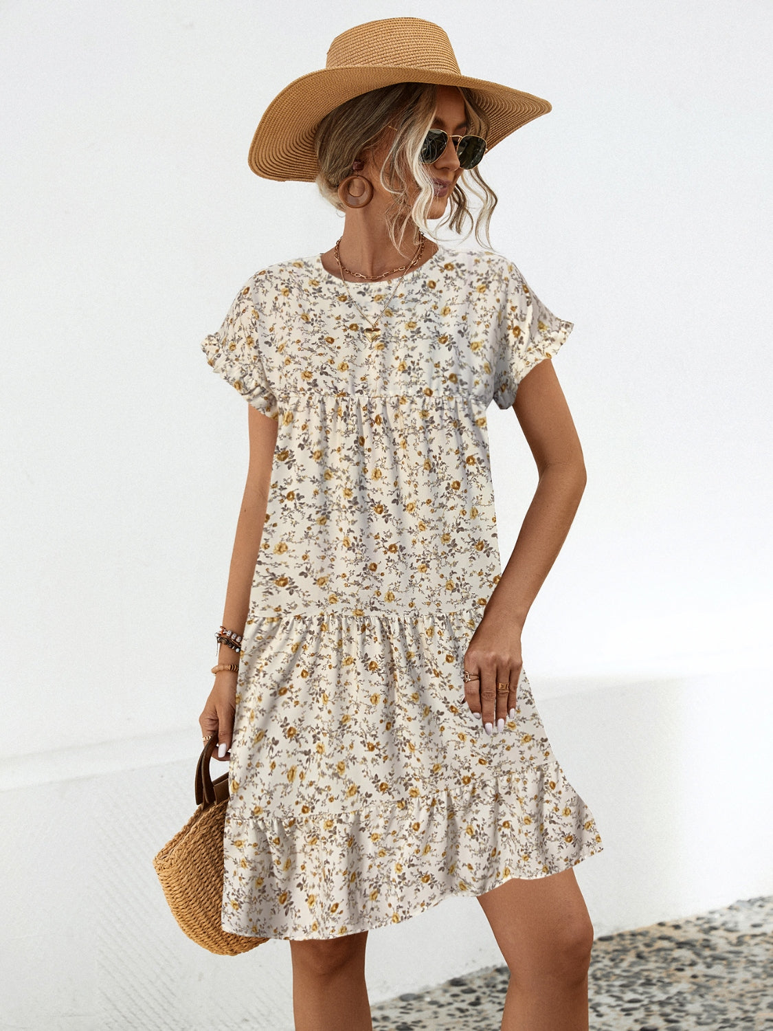 Women's ditsy floral frill dress in Sand