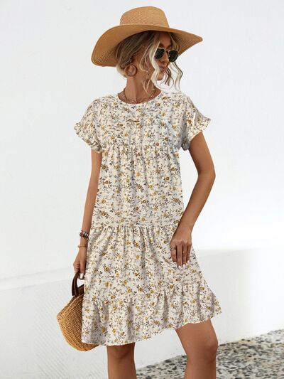 Women's ditsy floral frill dress in Sand