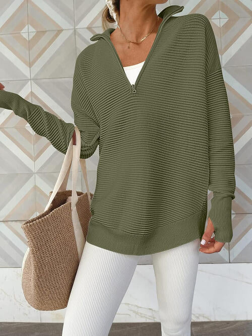 Women's half zip ribbed knit jumper in Moss