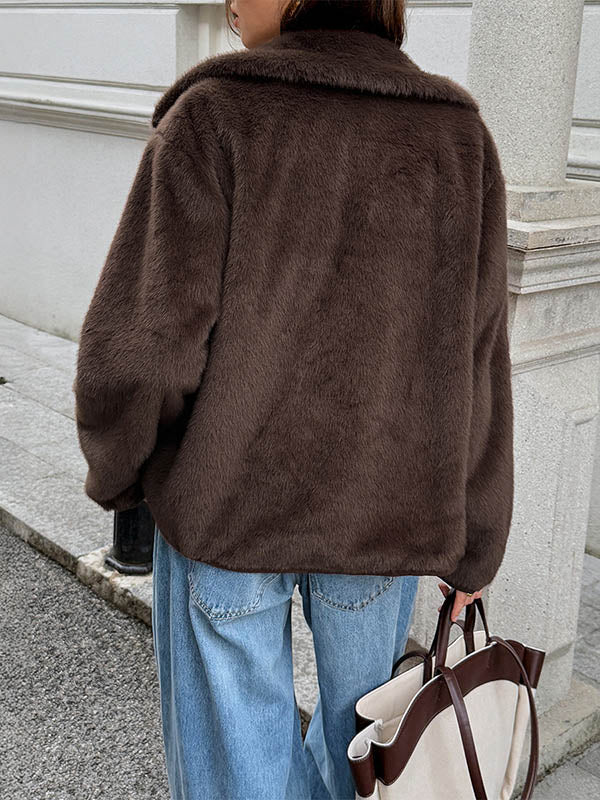 Short chocolate brown faux fur jacket with a flat collar and button front