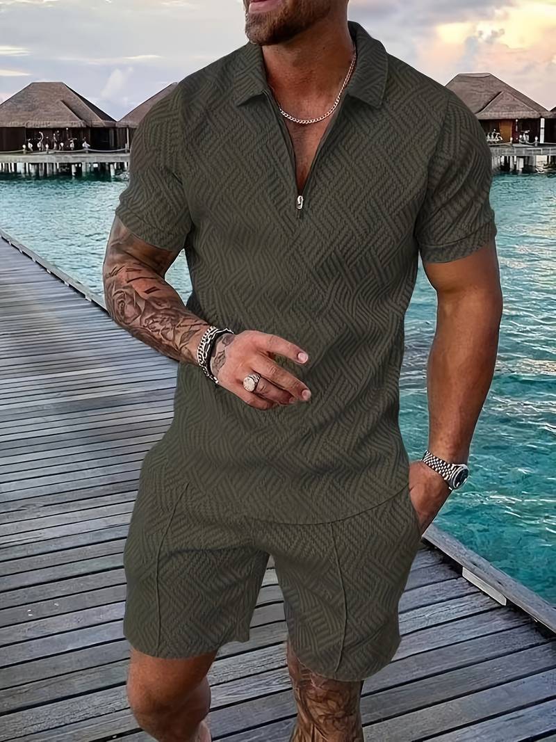 Men's Polo Co-Ord Set - Two-Tone Shirt & Shorts in Olive Green — front view