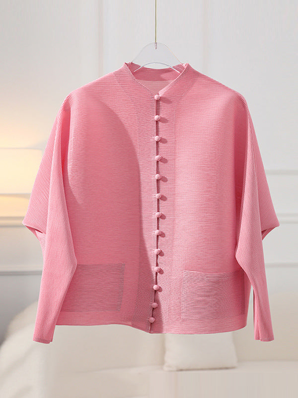 Pleated jacket with a stand collar, covered buttons and wide sleeves in pink
