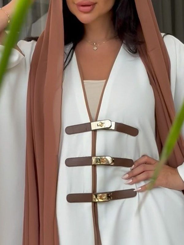 Floor-length open abaya with a contrast facing and gold-tone clasps