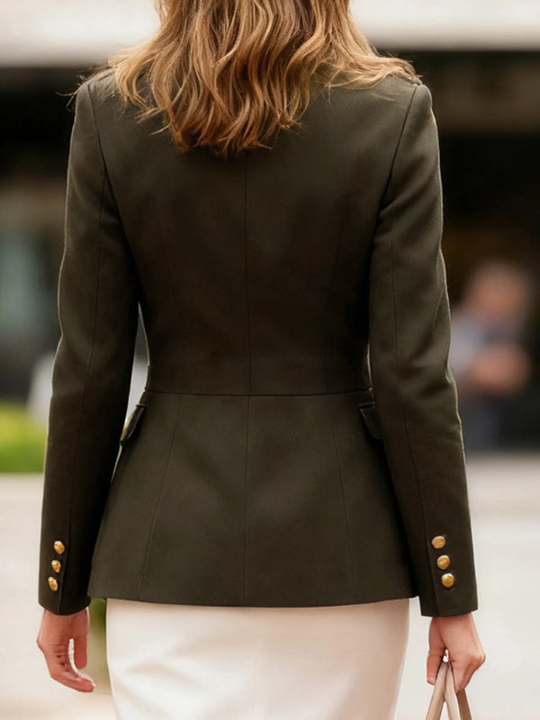 Olive military jacket with patch pockets and a stand collar