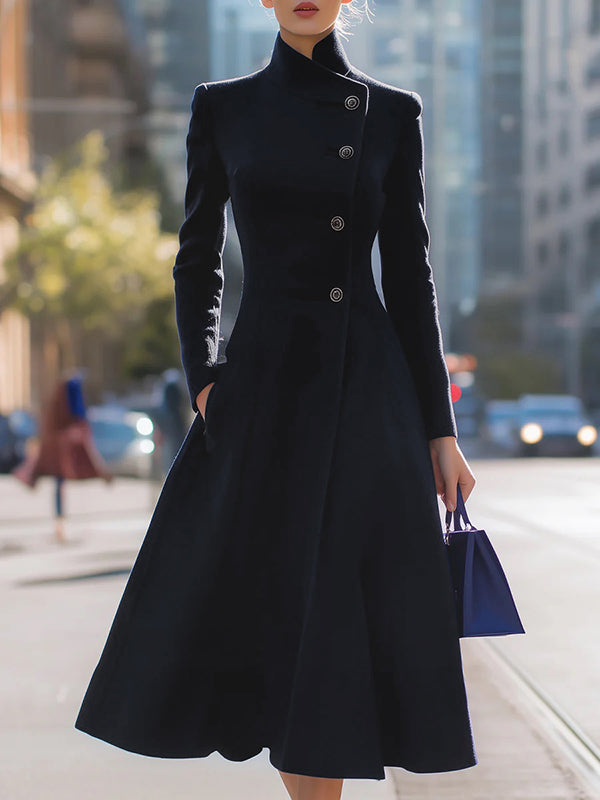 Navy A-line coat with stand collar and off-centre button front in navy