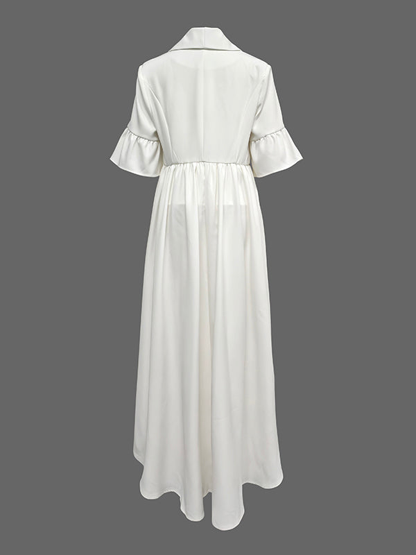 White longline blouse with a waist ruffle and flared half sleeves