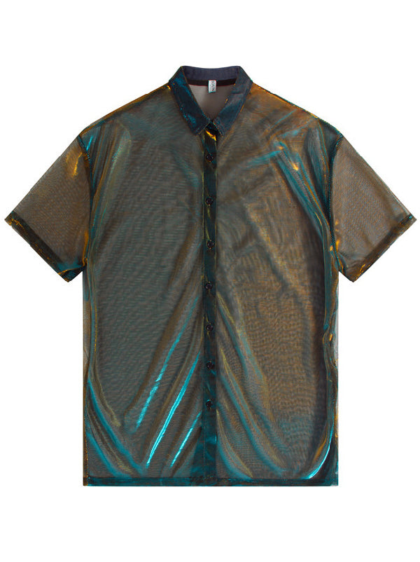 Oversized sheer overshirt with an iridescent finish and short sleeves