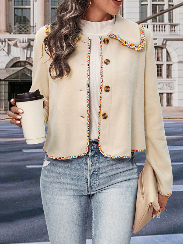 Cream cropped jacket with a multicoloured braid trim and gold-tone buttons in cream