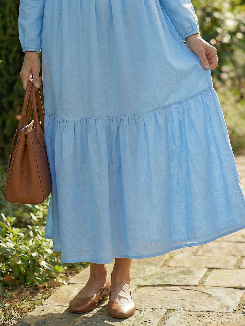 Women's V-Neck Floral Midi Dress in Meadow Breeze Print – Saint Dor UK – detail view