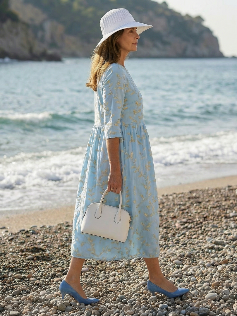 Women's Embroidered Botanical Midi Dress Shoreline Garden – Saint Dor UK – side view