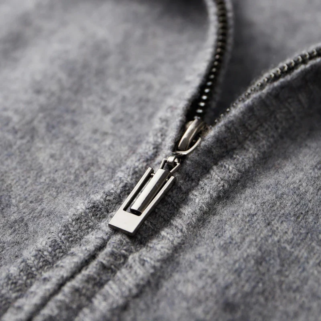 Men's zip-up merino cardigan with stand collar, front view