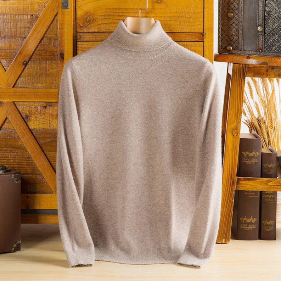 Men's fine knit roll neck jumper in Camel