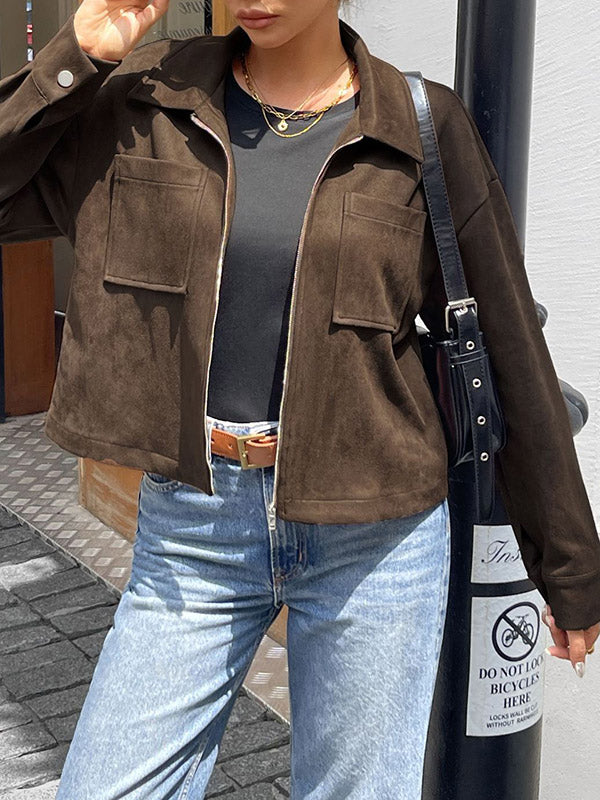 Chocolate brown suede-look jacket with a shirt collar and zip front