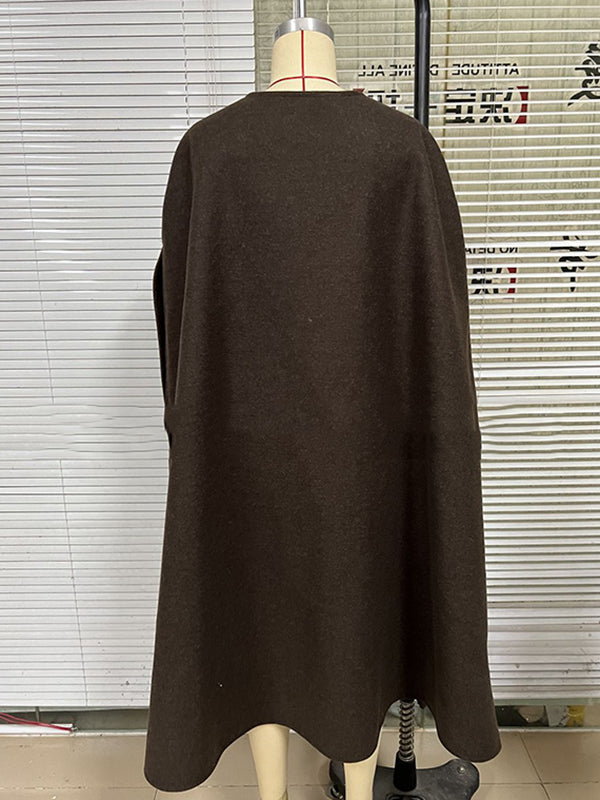 Sleeveless wool-blend cape with a round neck and a curved hem