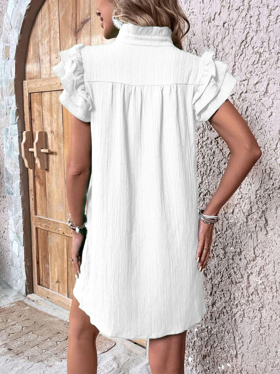 Women's ruffle shoulder mini dress - detail