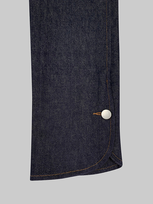 Fitted indigo denim blazer with pale grey contrast panels