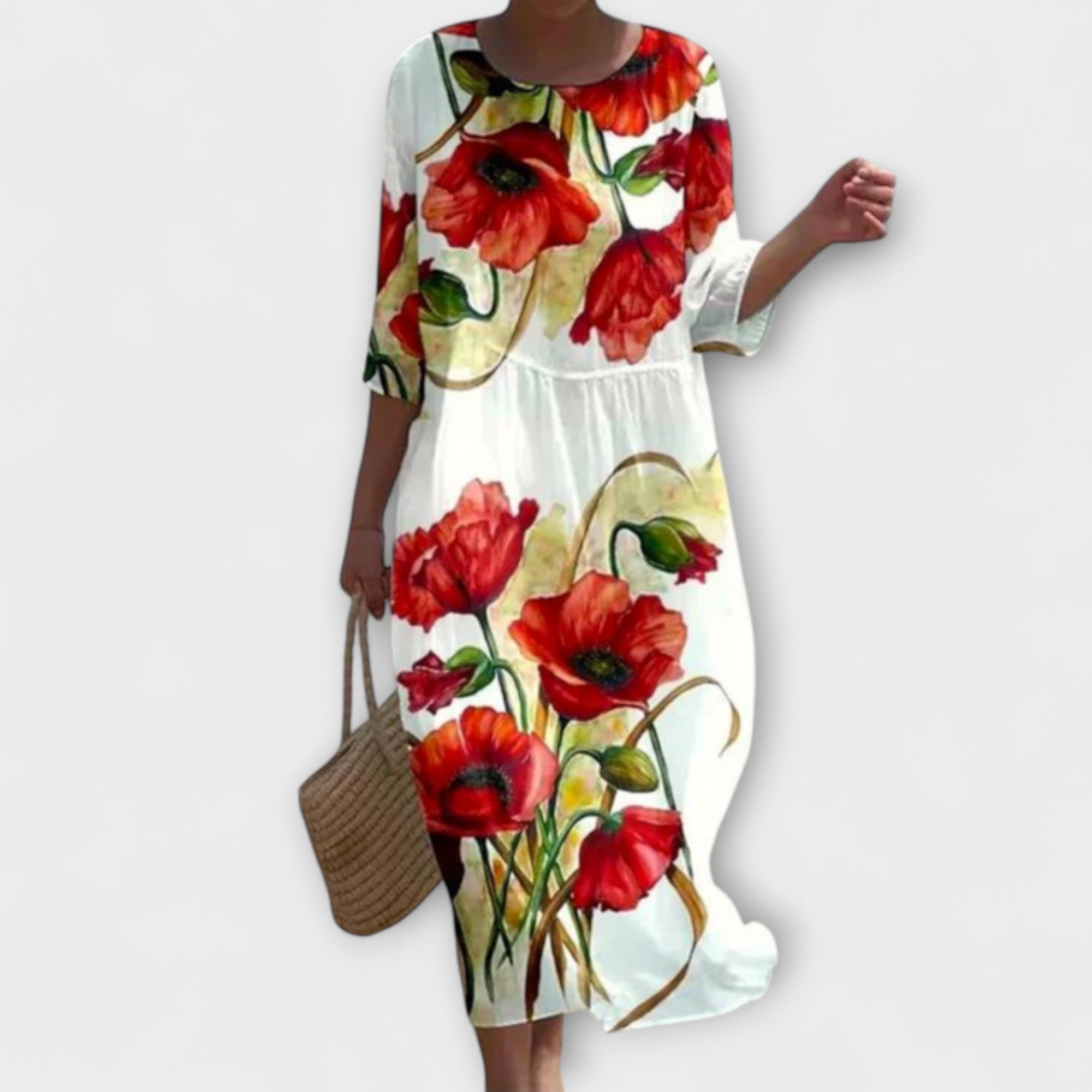 Women's Floral Embroidery Maxi Dress – Cotton Silk A-Line – detail view