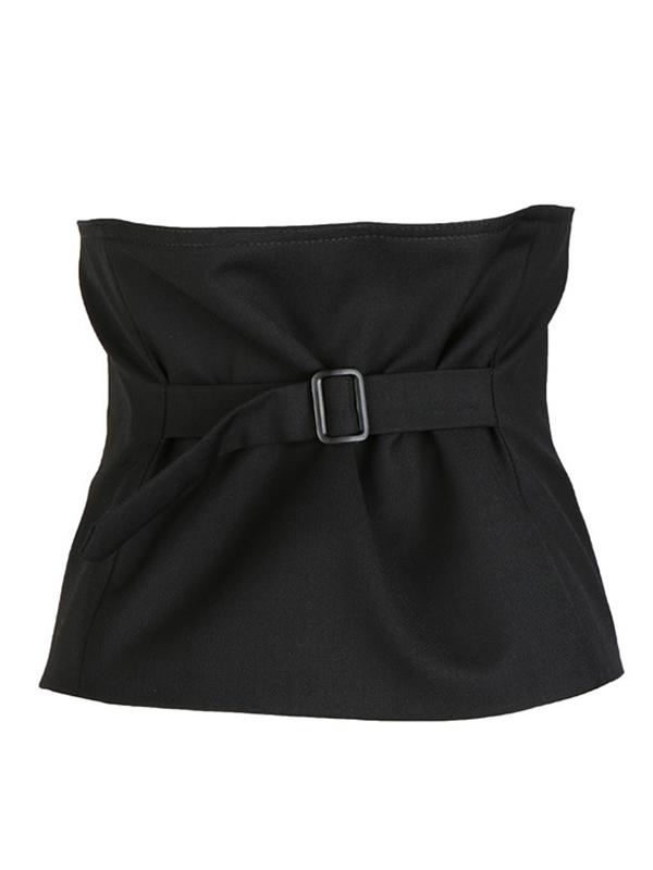 Strapless black cropped waistcoat with a button front and back belt