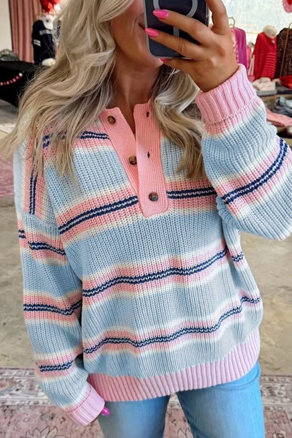Women's striped button collar jumper - detail